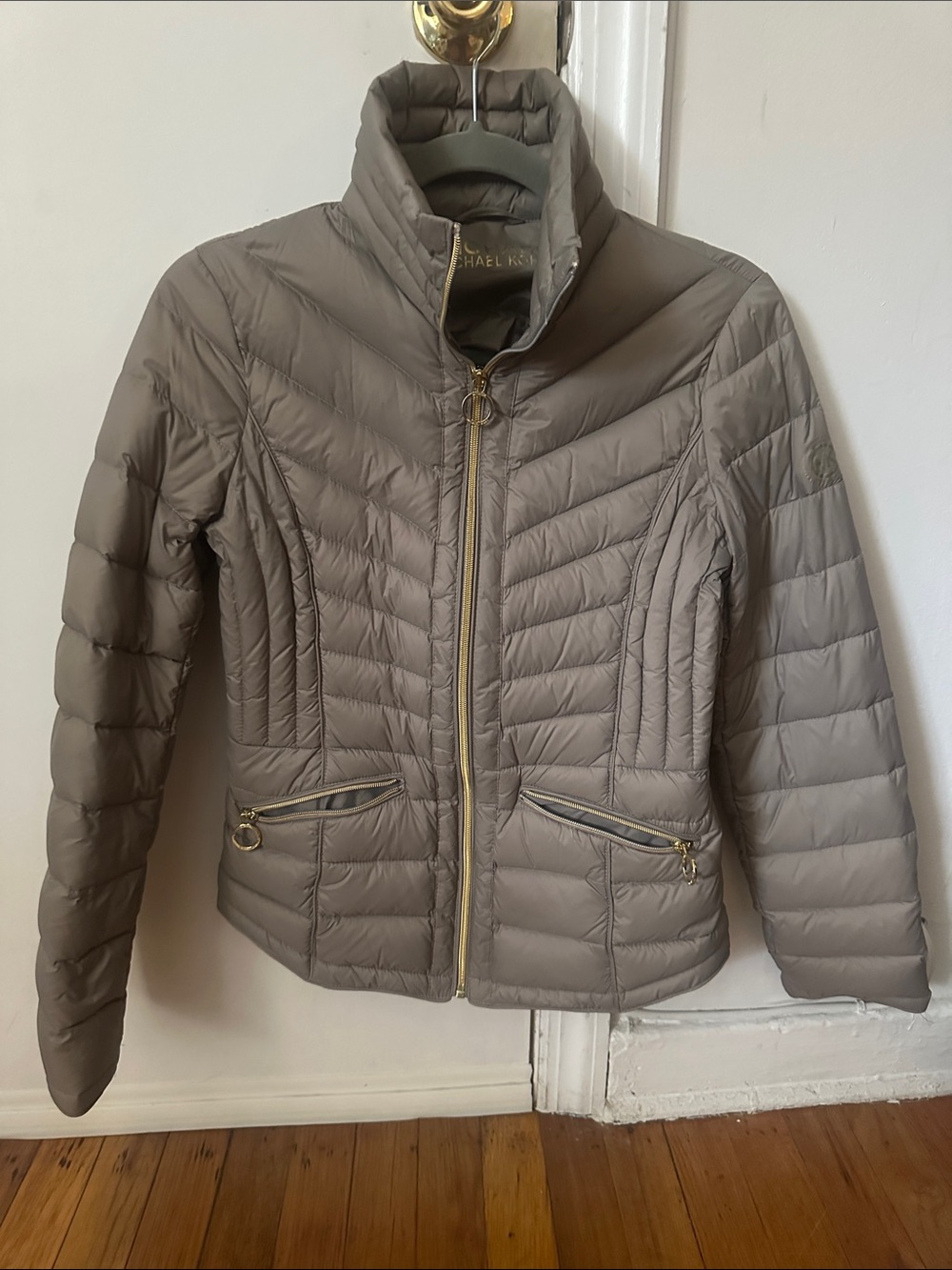 Michael Kors Taupe Quilted Packable Puffer Jacket with Gold Hardware